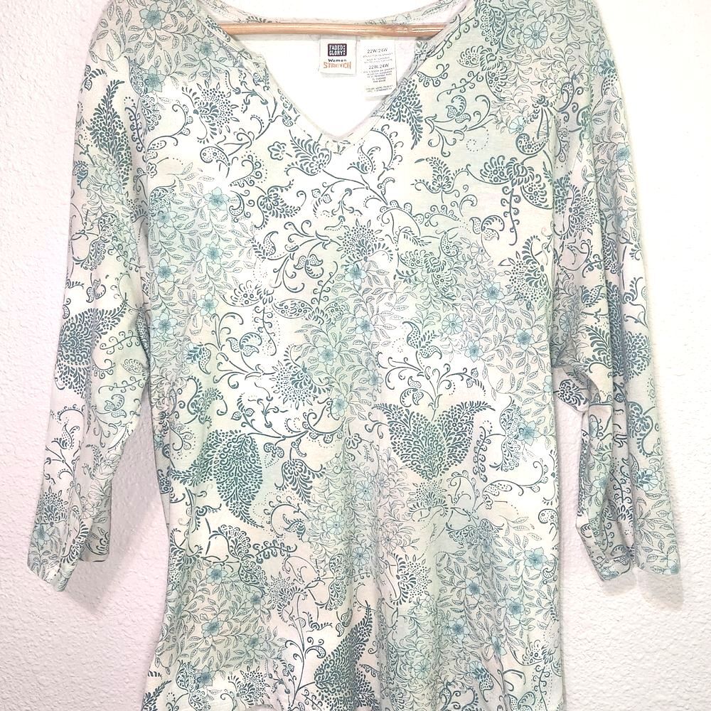 Faded Glory Floral Top Green & Cream 3/4 Sleeve Stretch Women's Size 22/24W
